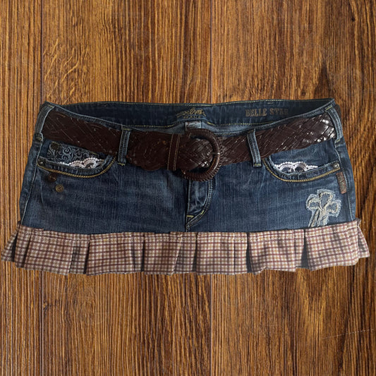 ୨୧ reworked OOAK vintage 70s western princess micro mini denim skirt with pleats, woven belt, buttons and lace trim
