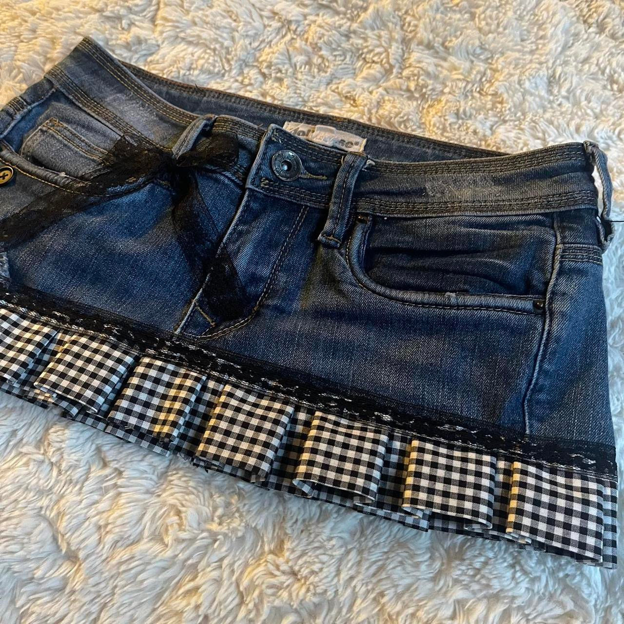 ୨୧ reworked OOAK vintage micro mini denim skirt with trim and bow details