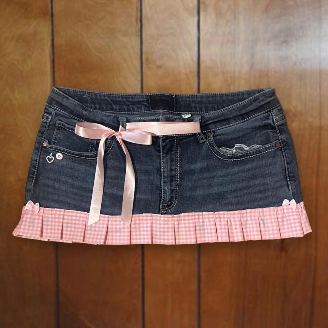 ୨୧ reworked OOAK vintage 2000s pinkaholic princess micro mini denim skirt with lace, charms, baby pink gingham trim and baby pink bows