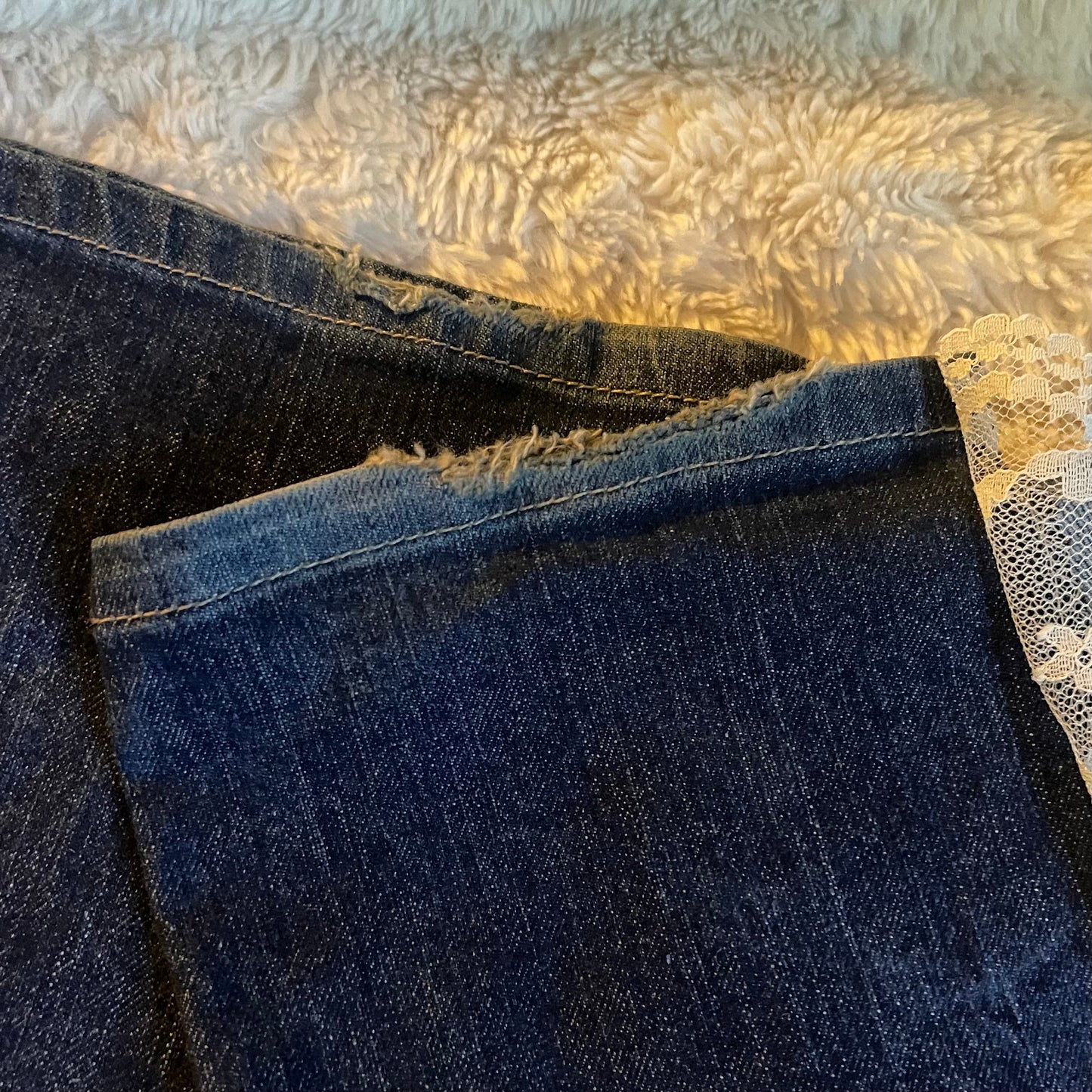 ୨୧ reworked y2k princess OOAK white ribbon flare jeans with contrast stitching, heart patch, lace panels + bows