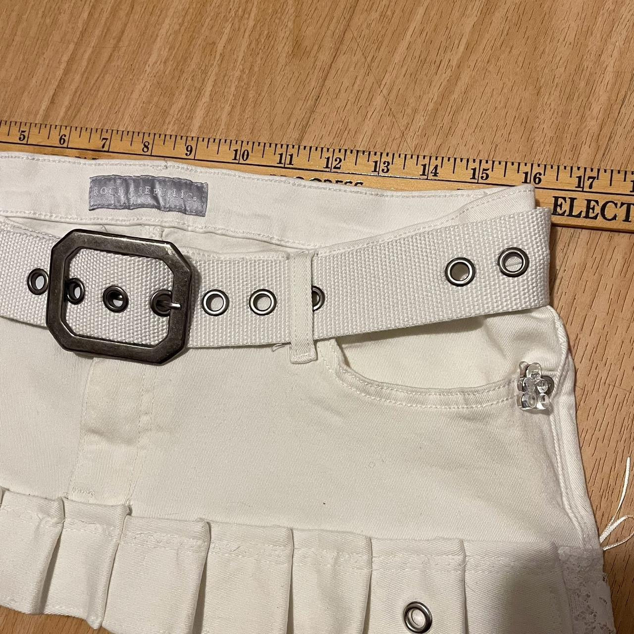 ୨୧ reworked ooak 2000s snow angel princess extreme denim micro mini skirt with ice clear teddy charms, lace trim, rhinestones, y2k grommet belt , & white bows