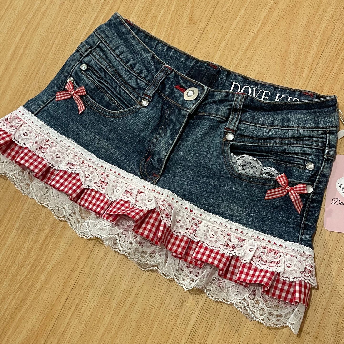 Reworked/Upcycled Diva Country Coquette Mini Skirt (with lace & embellishments)