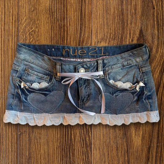 reworked OOAK 2000s "Sweetheart" denim micro mini skirt with heart patches, ruffles & ribbons ୨୧