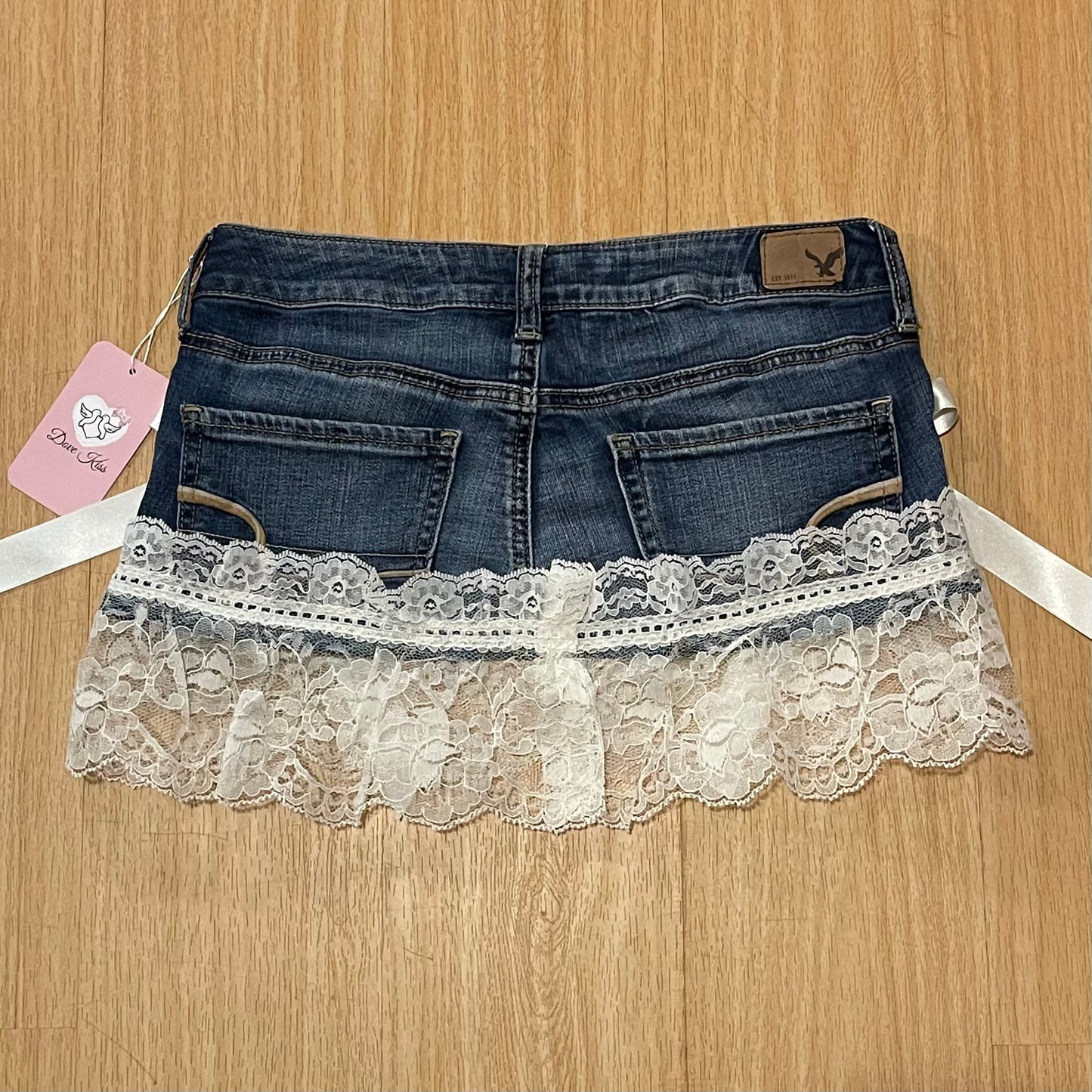 Reworked/Upcycled Princess Denim Mini Skirt (with lace & ribbons)