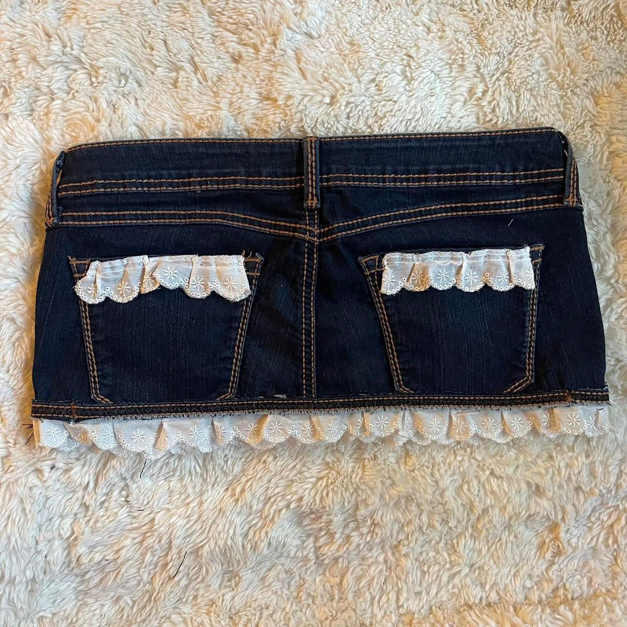 reworked OOAK 2000s dark wash princess denim micro mini skirt with heart patches, ruffles & ribbons ୨୧