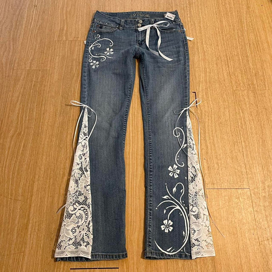 ୨୧ reworked y2k “Valia” by Dove Kiss OOAK white ribbon flare jeans