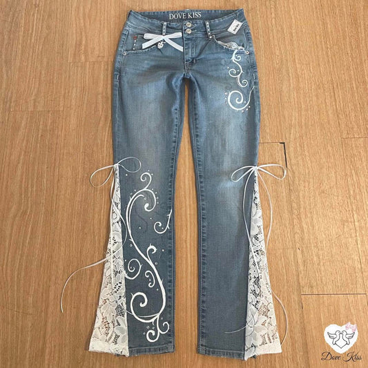 ୨୧ “𝑽𝒂𝒍𝒊𝒂” by Dove Kiss 2000s OOAK white ribbon flare jeans