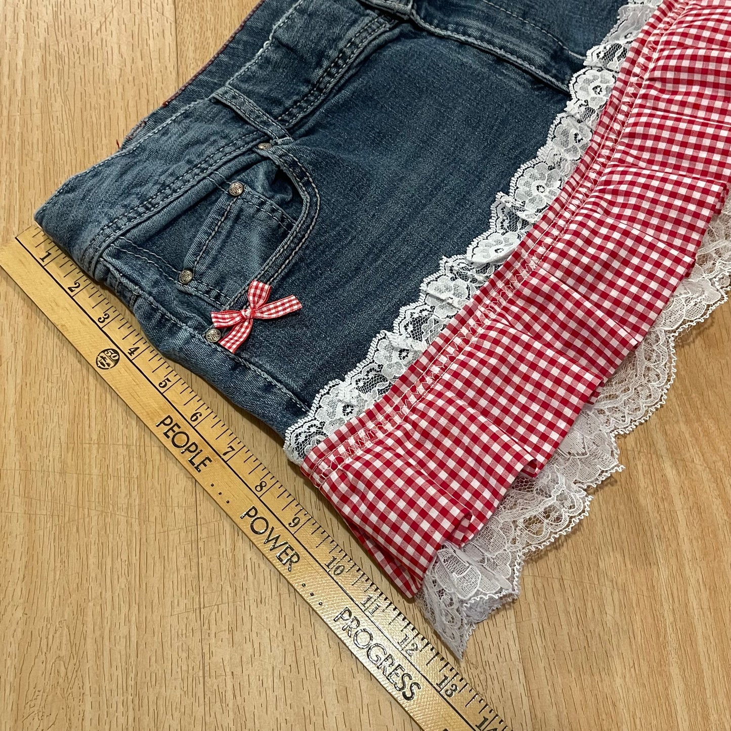 Reworked/Upcycled Diva Country Coquette Mini Skirt (with lace & embellishments)