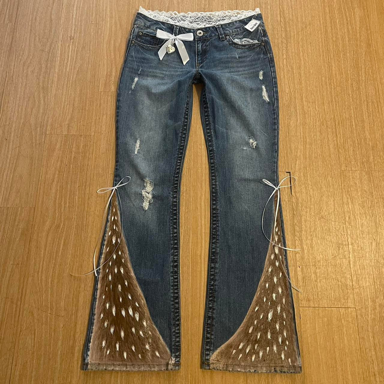 ୨୧ reworked y2k “doe hearts” by Dove Kiss OOAK princess white ribbon flare jeans