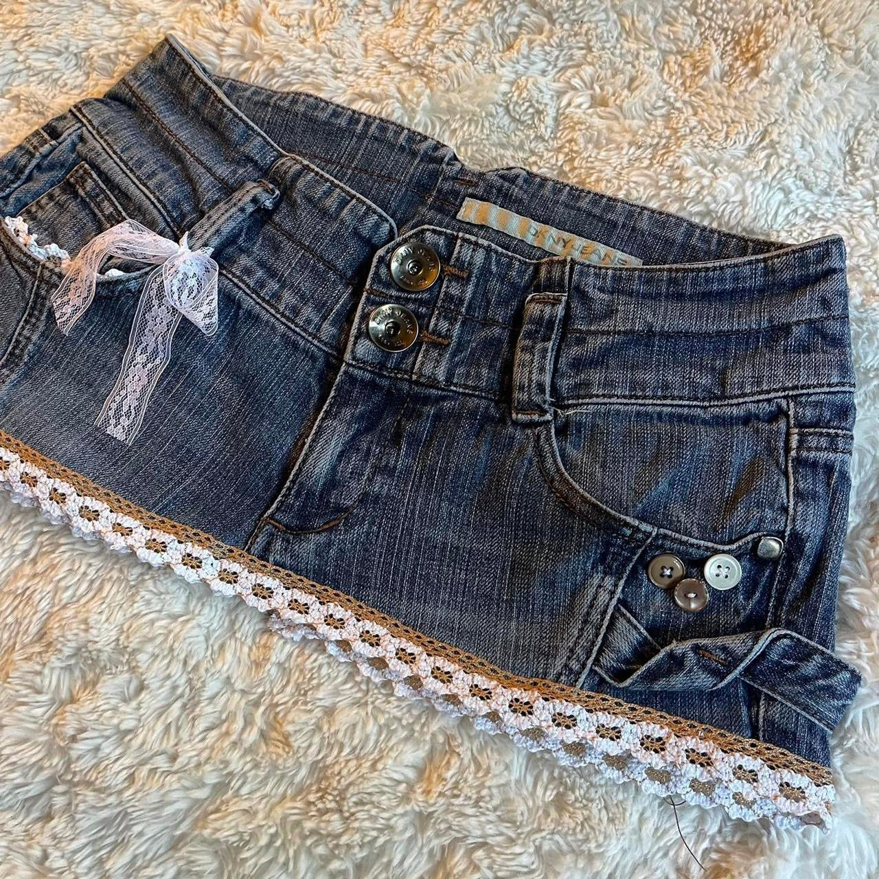 ୨୧ reworked OOAK 2000s princess extreme denim micro mini skirt with buttons, tan crochet lace trim & bow