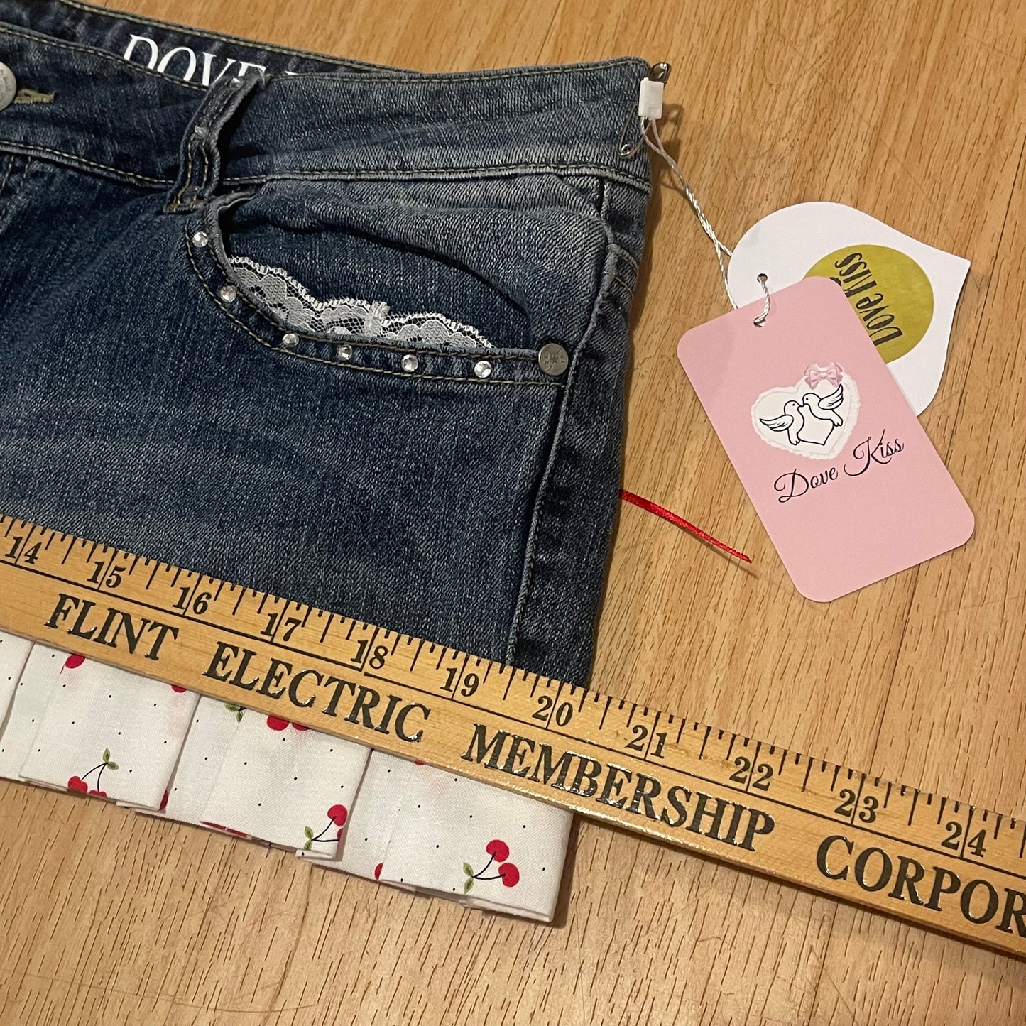 Reworked/Upcycled Cherry Diva Mini Skirt (with lace & embellishments)