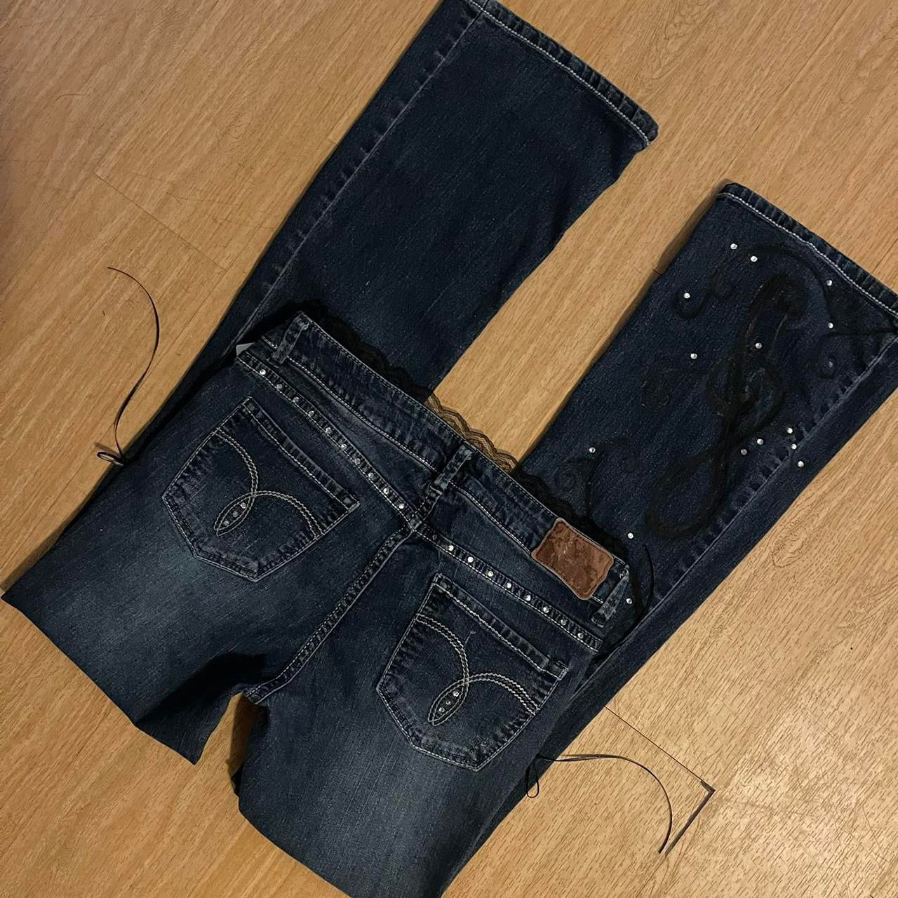 ୨୧ reworked y2k “Princess Elise” by Dove Kiss OOAK black ribbon flare jeans