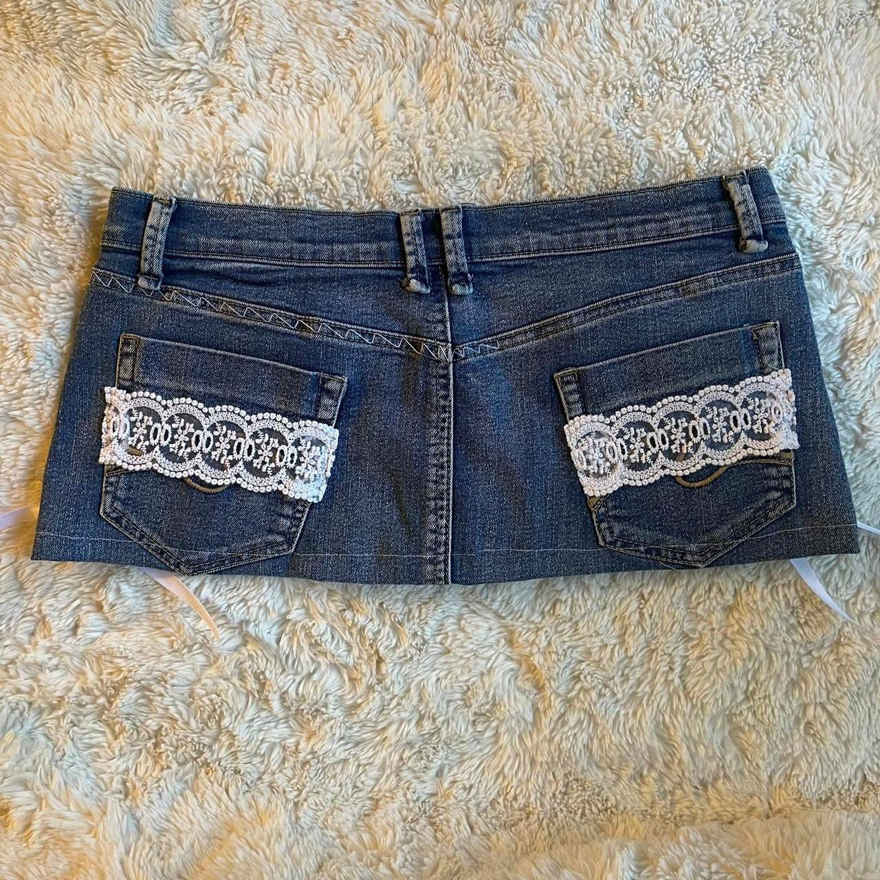 ୨୧ reworked OOAK 2000s extreme denim micro mini skirt with contrast stitching, white lace trim & white bows