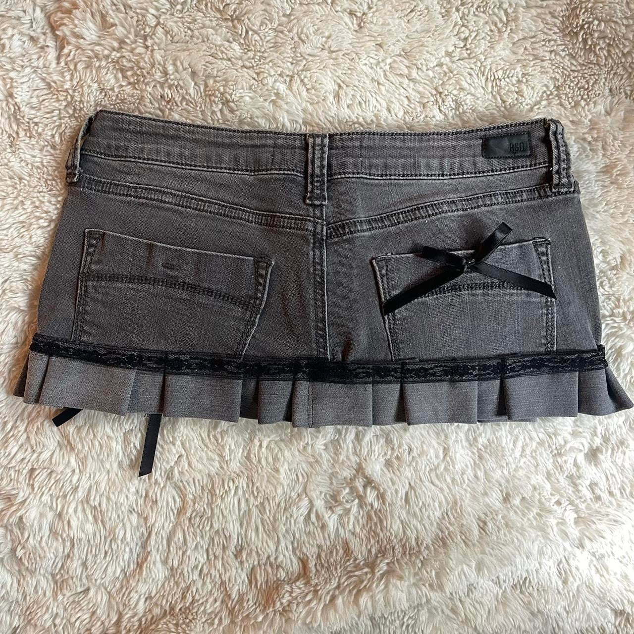 ୨୧ reworked OOAK 2000s sweetheart denim micro gray mini skirt with dice charms, lace trim & black silky bows