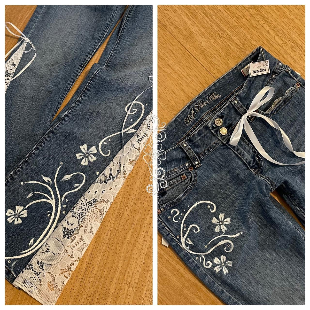 ୨୧ reworked y2k “Valia” by Dove Kiss OOAK white ribbon flare jeans