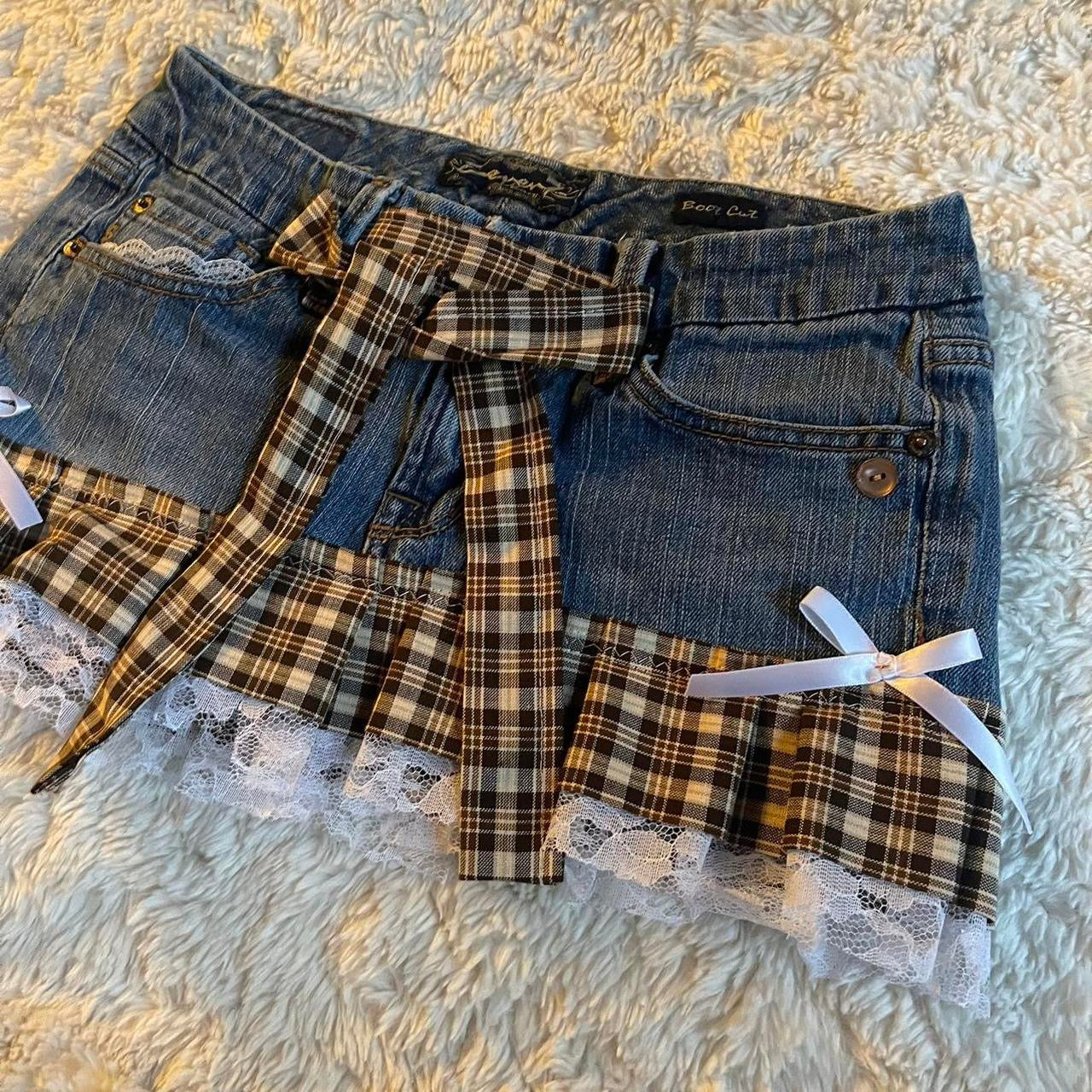 ୨୧ reworked OOAK vintage 70s brooklyn baby princess micro mini denim skirt with trim, lace and bows