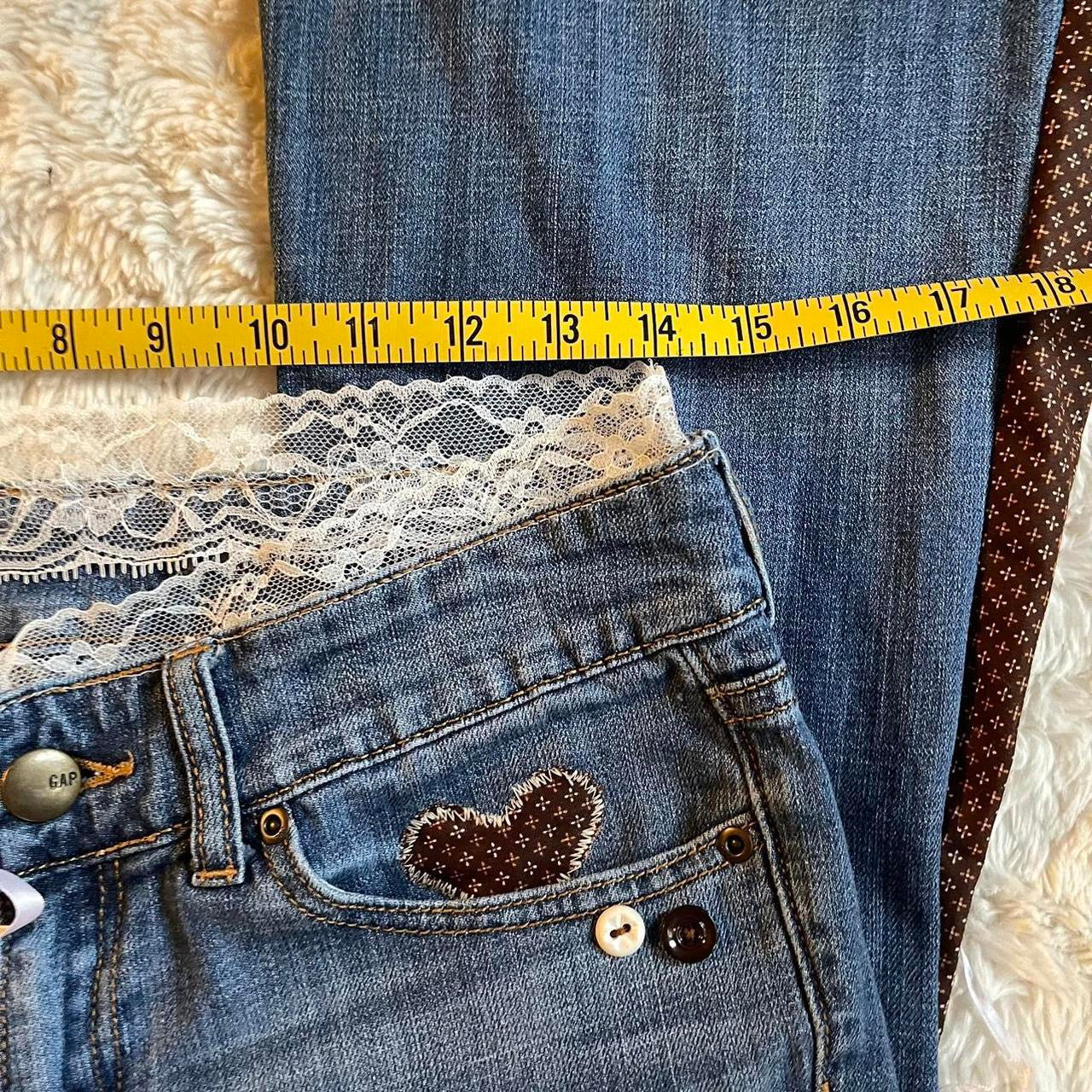 ୨୧ reworked vintage princess OOAK ribbon flare jeans with buttons, heart patch, contrast stitching, lace & bows