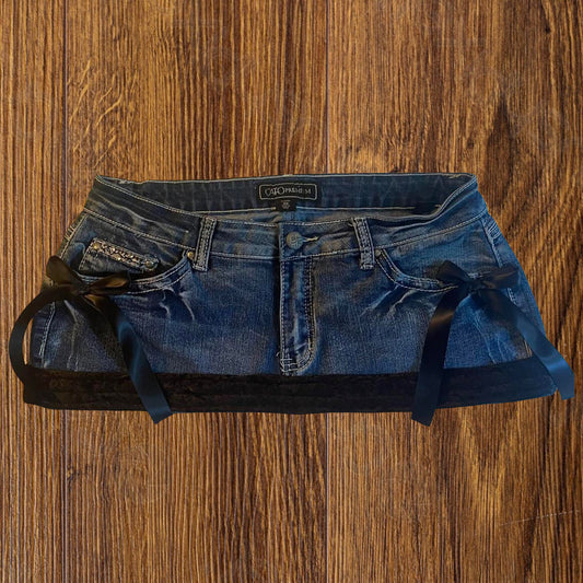 ୨୧ reworked OOAK 2000s extreme denim micro mini skirt with rhinestones, black fuzzy crushed velvet trim & black bows