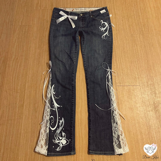 “Lace & Koi Tide” 2000s OOAK flare jeans