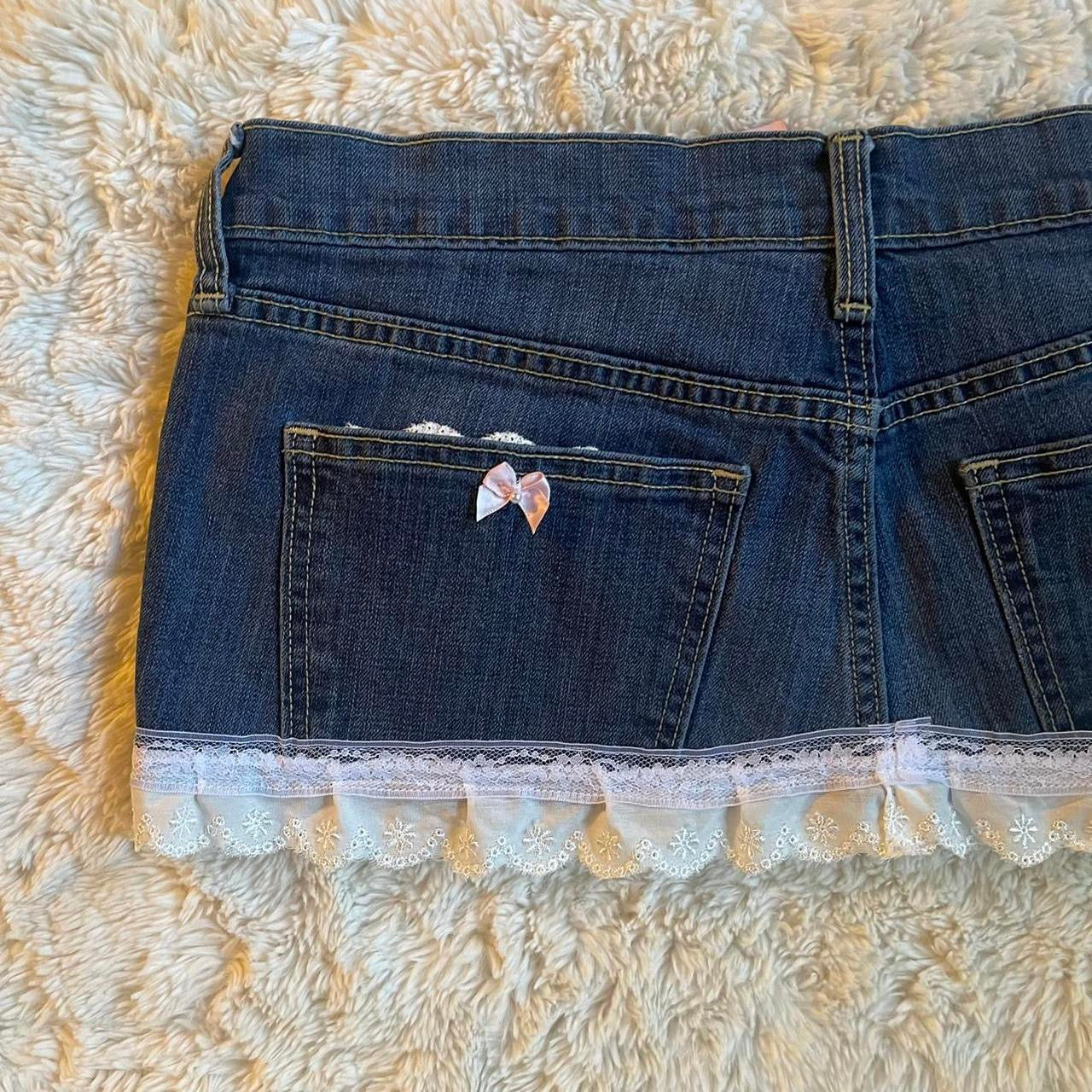 ୨୧ reworked OOAK 2000s extreme denim micro mini skirt with lace trim & baby pink bows