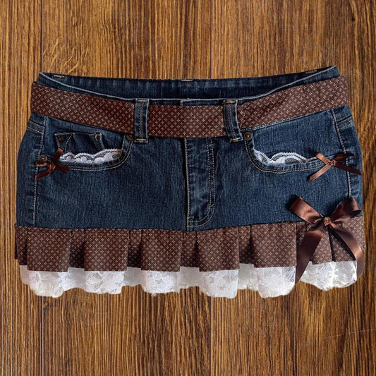 ୨୧ reworked OOAK vintage 70s brooklyn baby princess micro mini denim skirt with monogram trim, waist strip, lace and bows