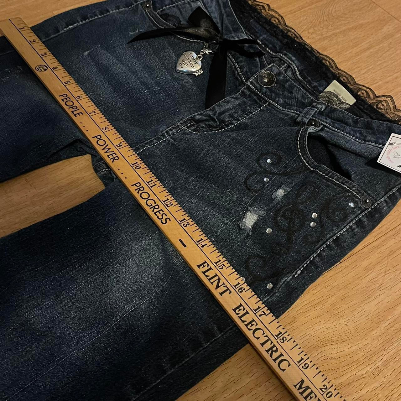 ୨୧ reworked y2k “Princess Elise” by Dove Kiss OOAK black ribbon flare jeans