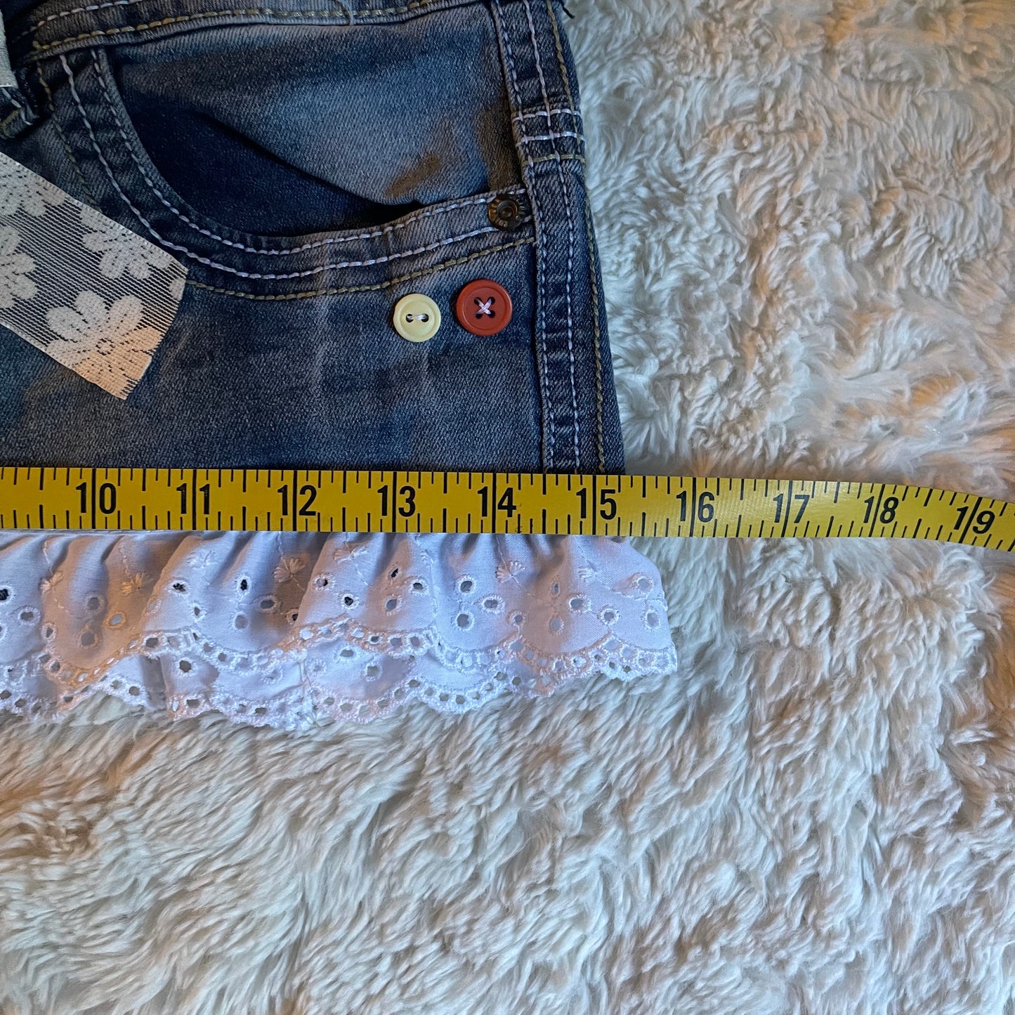 reworked OOAK 2000s coquette milkmaid princess denim micro mini skirt with ruffles & ribbons ୨୧