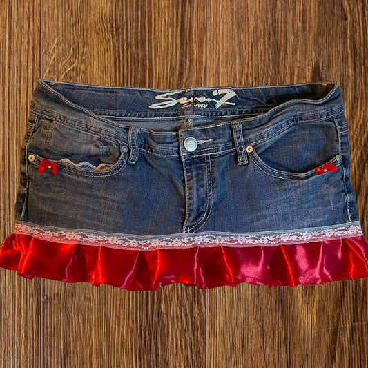 ୨୧ reworked OOAK cherry bomb princess vintage micro mini denim skirt with satin trim and red bow details