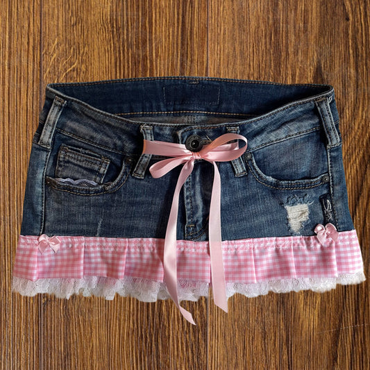 ୨୧ reworked OOAK vintage micro mini denim skirt with gingham baby pink trim with lace, and bow details
