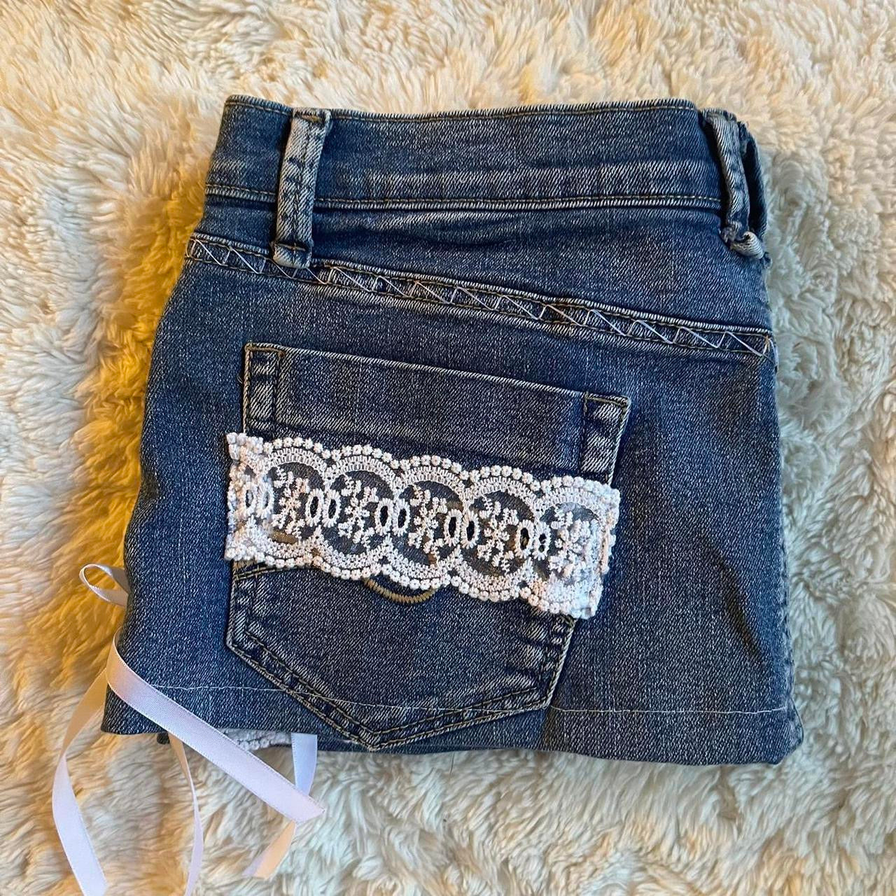 ୨୧ reworked OOAK 2000s extreme denim micro mini skirt with contrast stitching, white lace trim & white bows
