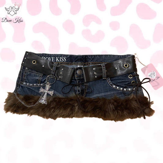 ୨୧ Grunge Gyaru Princess Micro Mini Faux Fur Trim Skirt - SIZE M/L