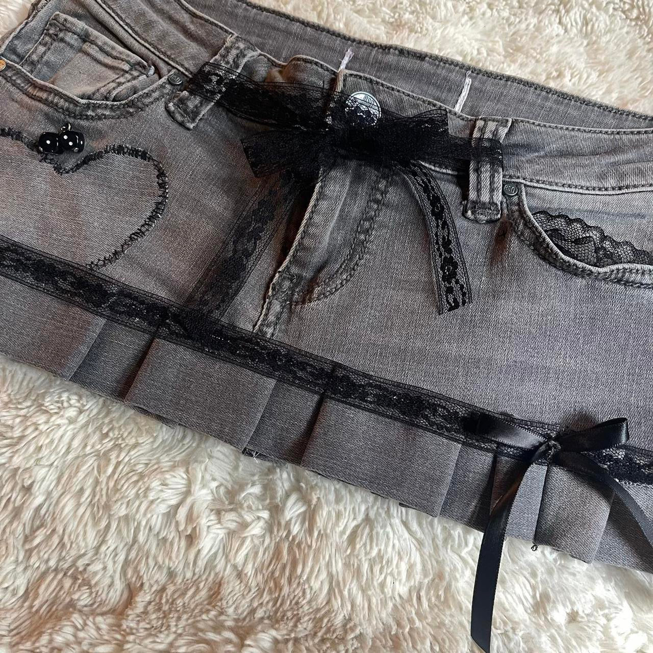 ୨୧ reworked OOAK 2000s sweetheart denim micro gray mini skirt with dice charms, lace trim & black silky bows