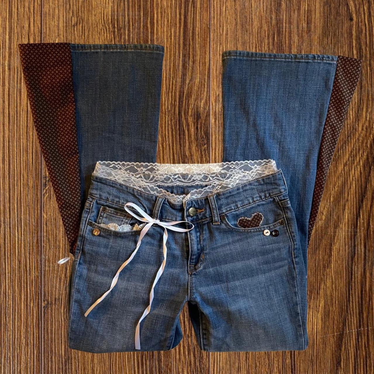 ୨୧ reworked vintage princess OOAK ribbon flare jeans with buttons, heart patch, contrast stitching, lace & bows