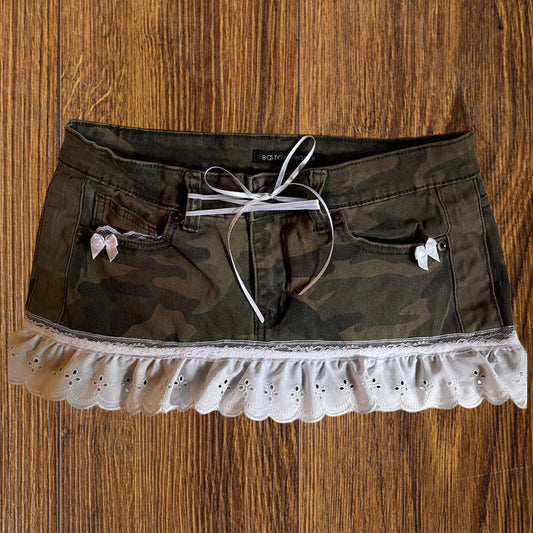 ୨୧ reworked OOAK princess vintage camo micro mini denim skirt with ruffle trim, lace, and white bow details