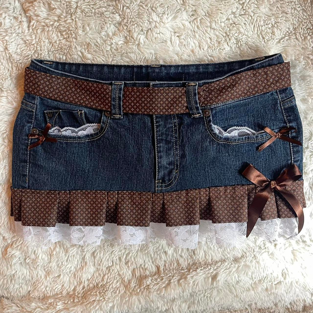 ୨୧ reworked OOAK vintage 70s brooklyn baby princess micro mini denim skirt with monogram trim, waist strip, lace and bows