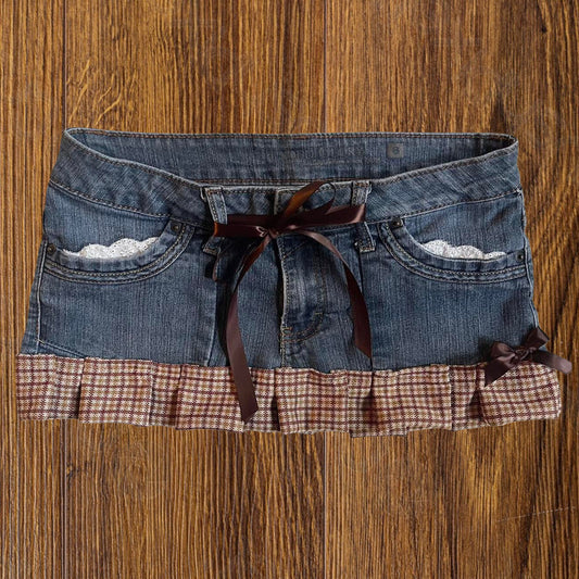 ୨୧ reworked OOAK vintage 70s brooklyn baby princess micro mini denim skirt with trim, lace and bows