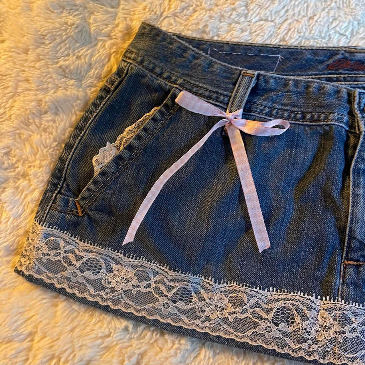 ୨୧ reworked OOAK 2000s extreme denim micro mini skirt with lace trim & pink + white bows