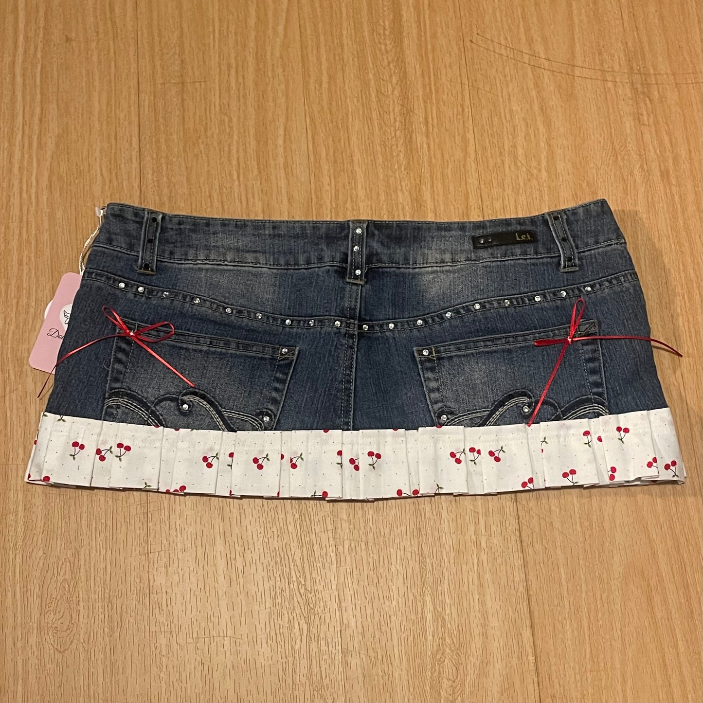 Reworked/Upcycled Cherry Diva Mini Skirt (with lace & embellishments)