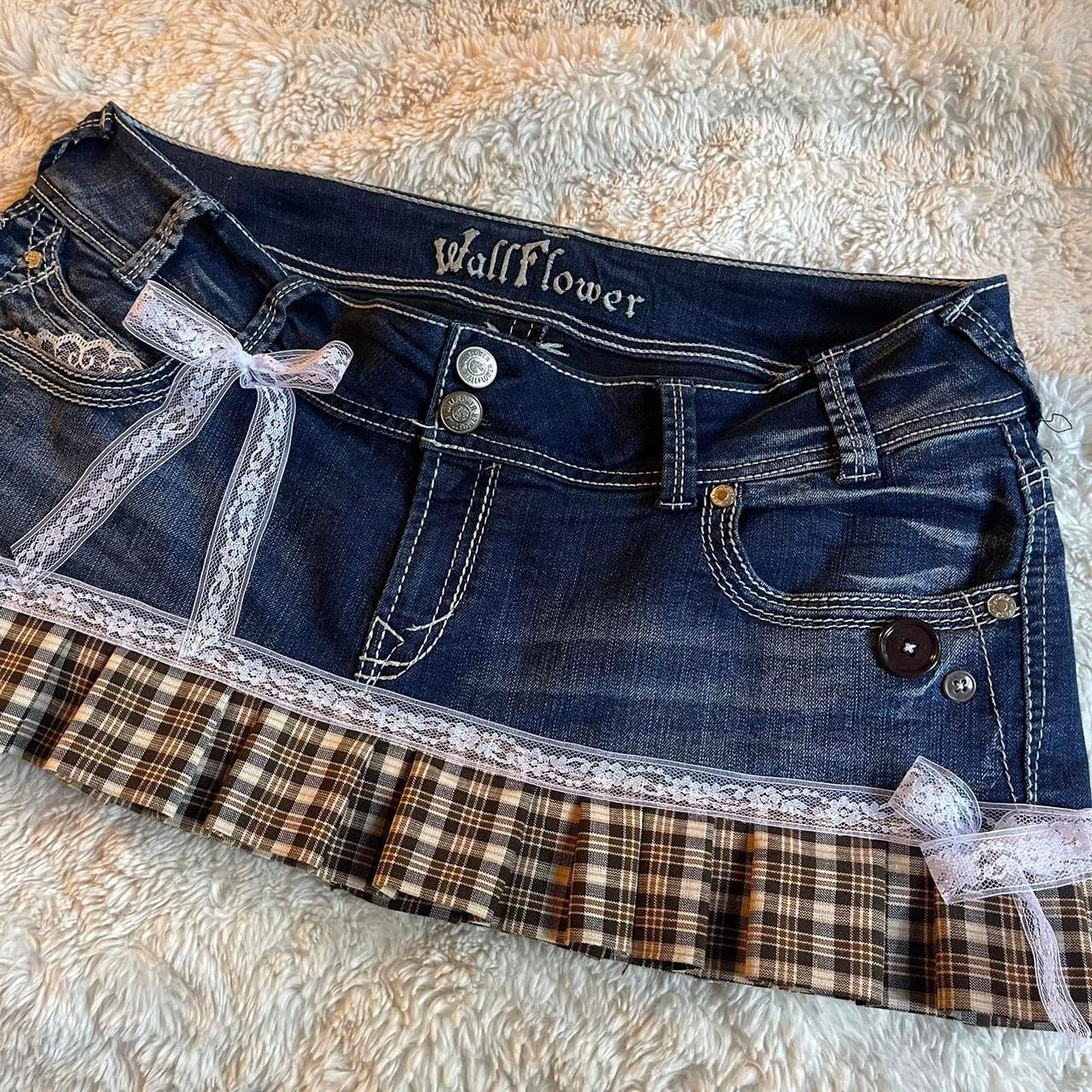 ୨୧ reworked OOAK vintage 70s brooklyn baby princess micro mini denim skirt with trim, lace and bows