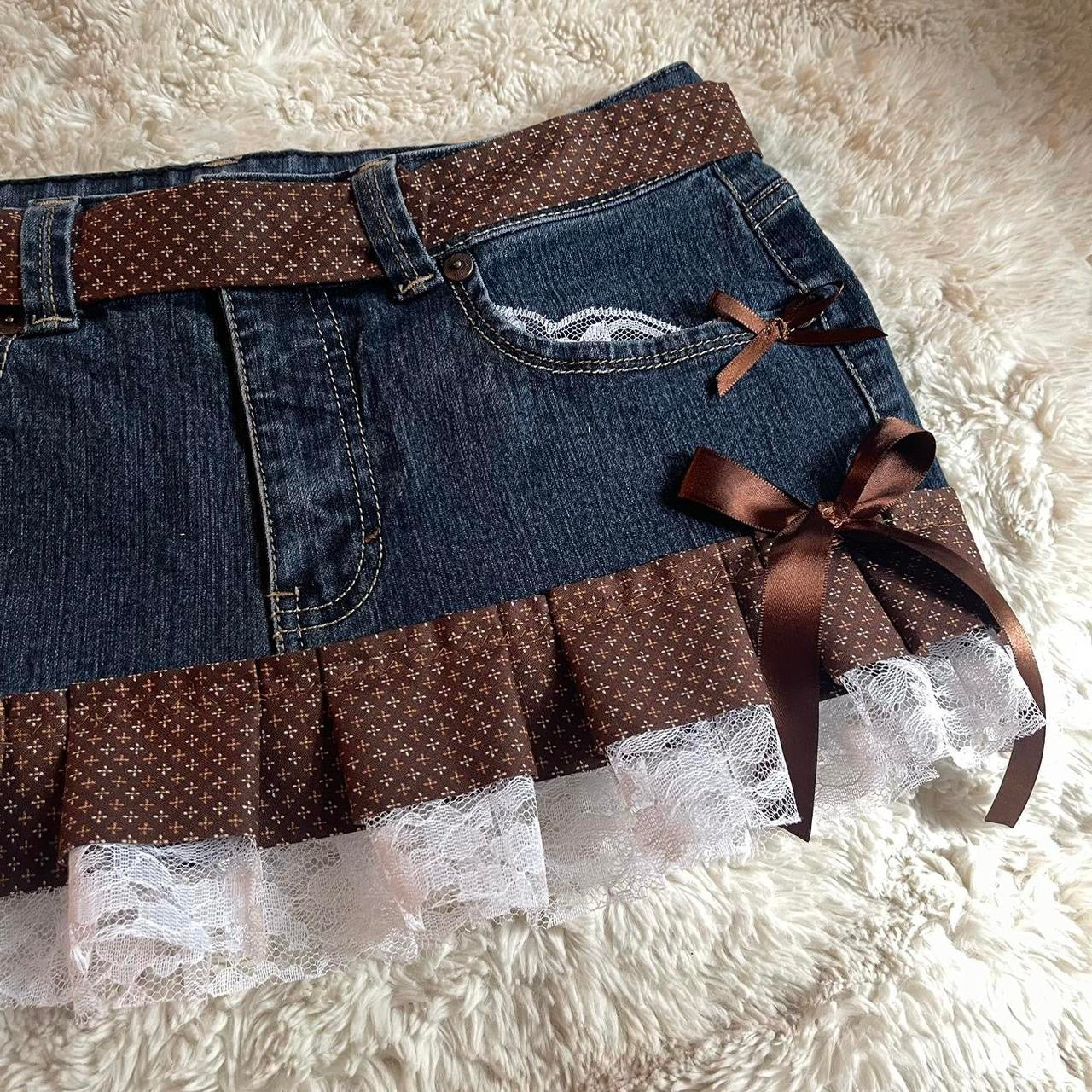 ୨୧ reworked OOAK vintage 70s brooklyn baby princess micro mini denim skirt with monogram trim, waist strip, lace and bows