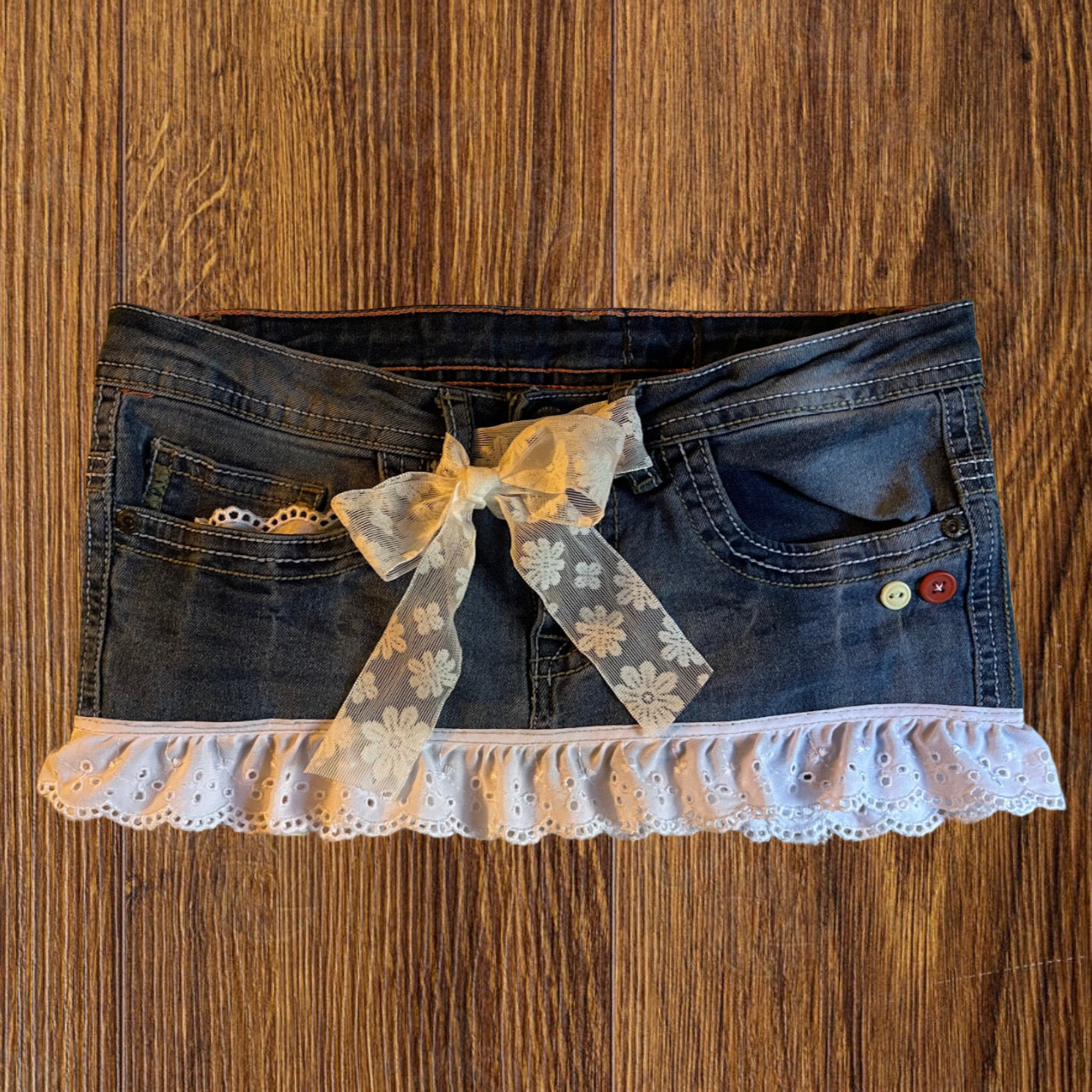 reworked OOAK 2000s coquette milkmaid princess denim micro mini skirt with ruffles & ribbons ୨୧