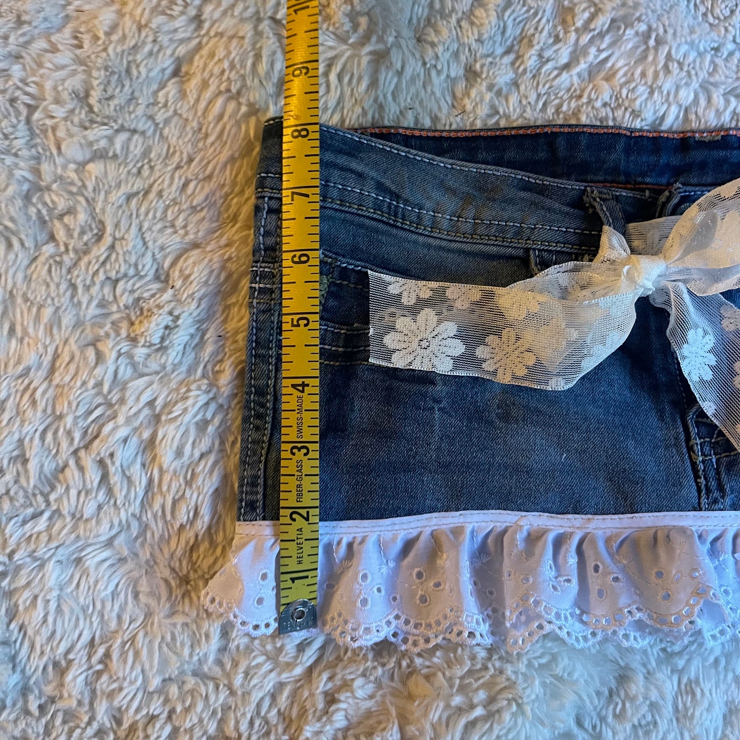 reworked OOAK 2000s coquette milkmaid princess denim micro mini skirt with ruffles & ribbons ୨୧