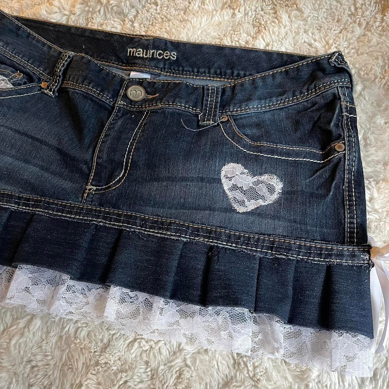 reworked OOAK 2000s princess dark wash denim mini skirt w bows, lace, & handmade pleats ୨୧