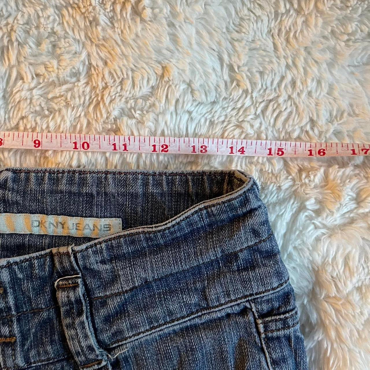 ୨୧ reworked OOAK 2000s princess extreme denim micro mini skirt with buttons, tan crochet lace trim & bow