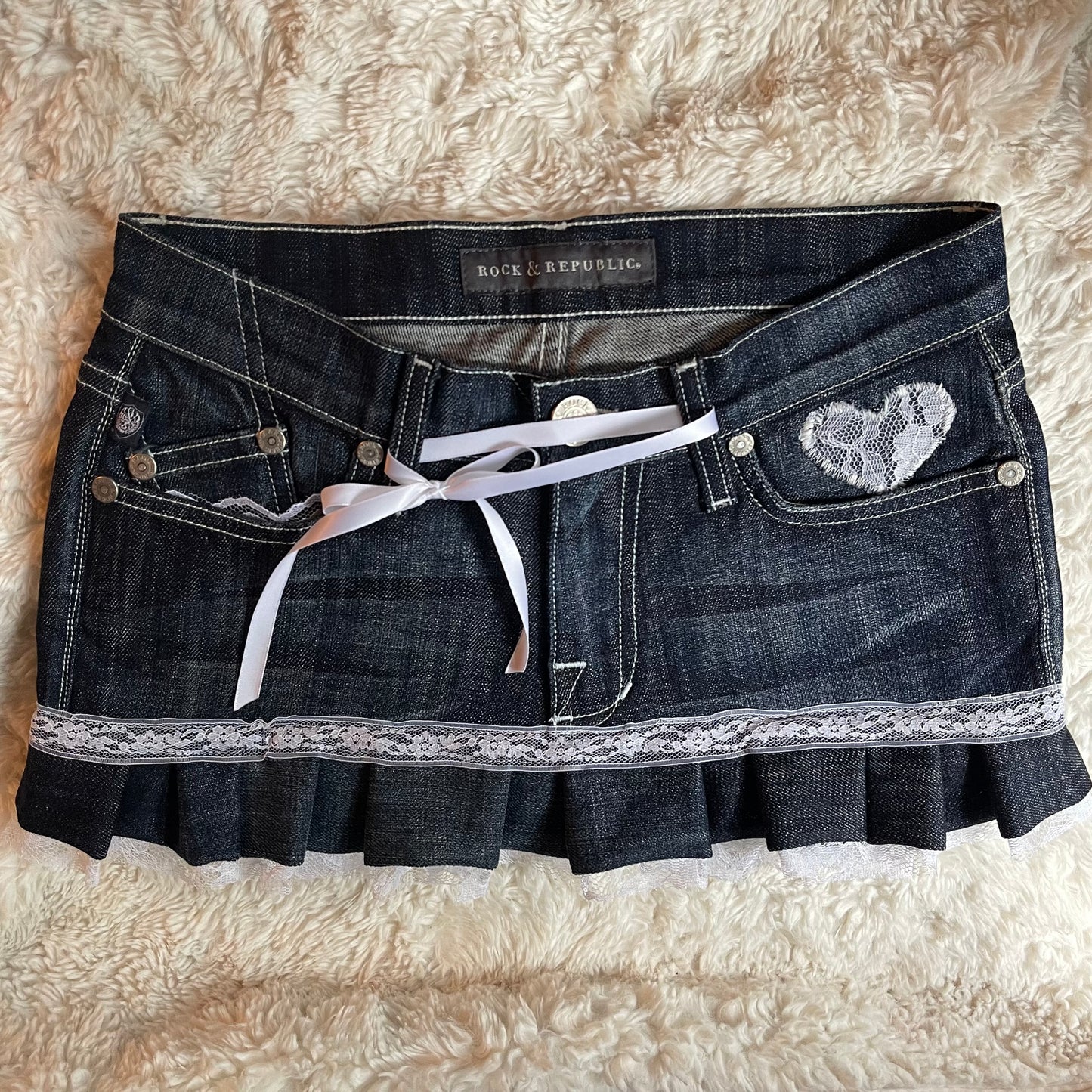 reworked OOAK 2000s princess dark wash denim mini skirt w bows, lace, & handmade pleats ୨୧