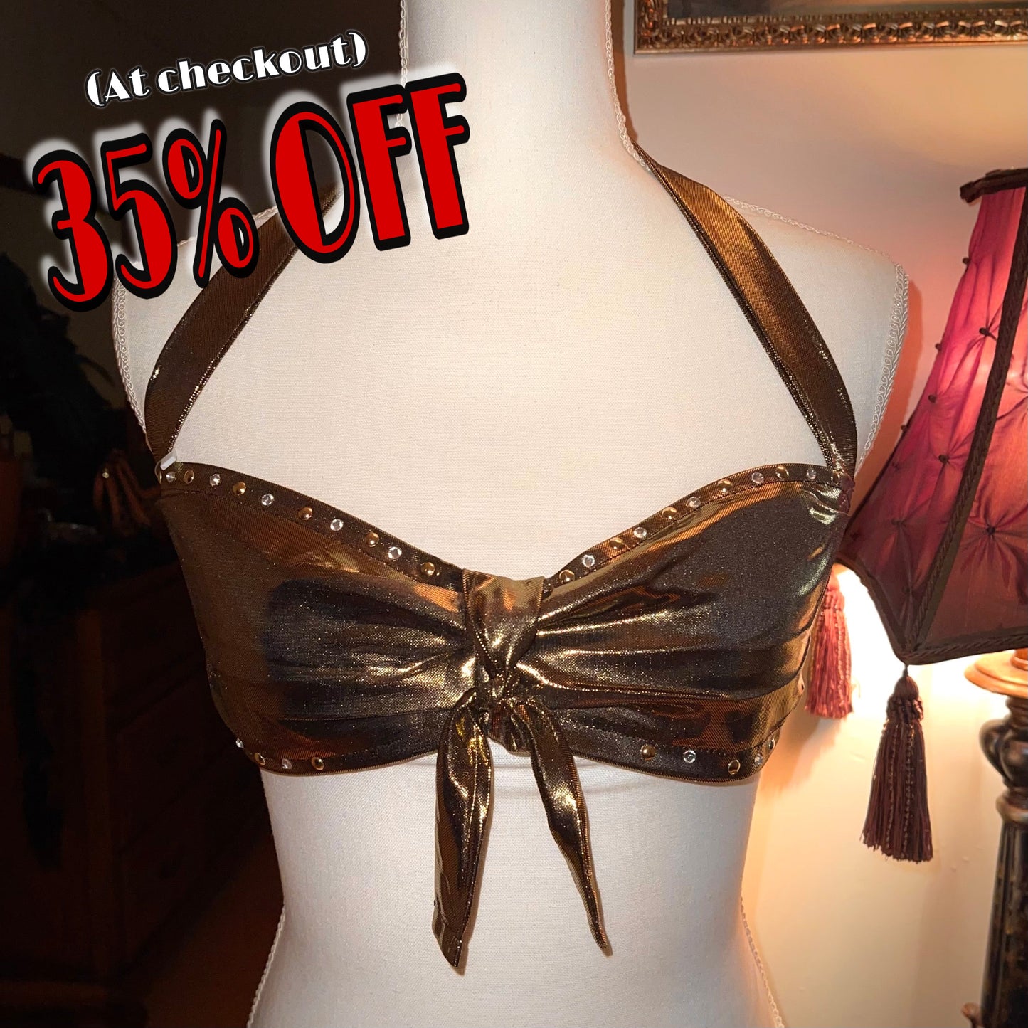“Divalicious” Rhinestone Bralette in Gold