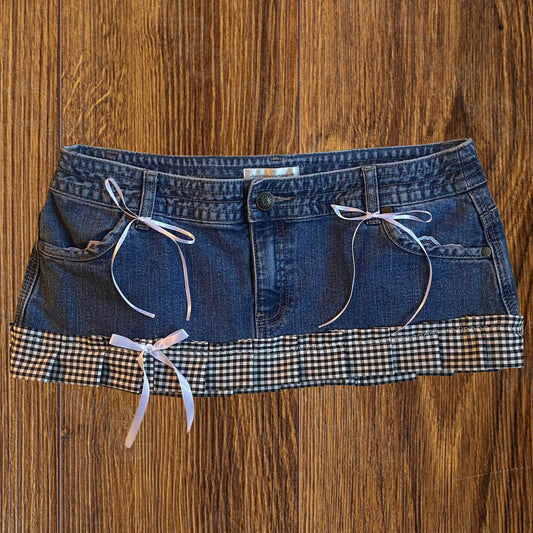 ୨୧ reworked OOAK vintage micro mini denim skirt with trim and bow details