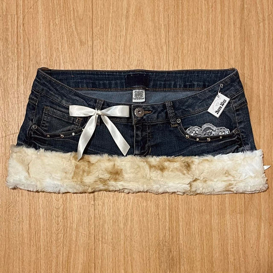 reworked OOAK 2000s angel princess micro mini fur trim skirt with partial inner fur lining, studs, rhinestones, lace, & ribbons ୨୧