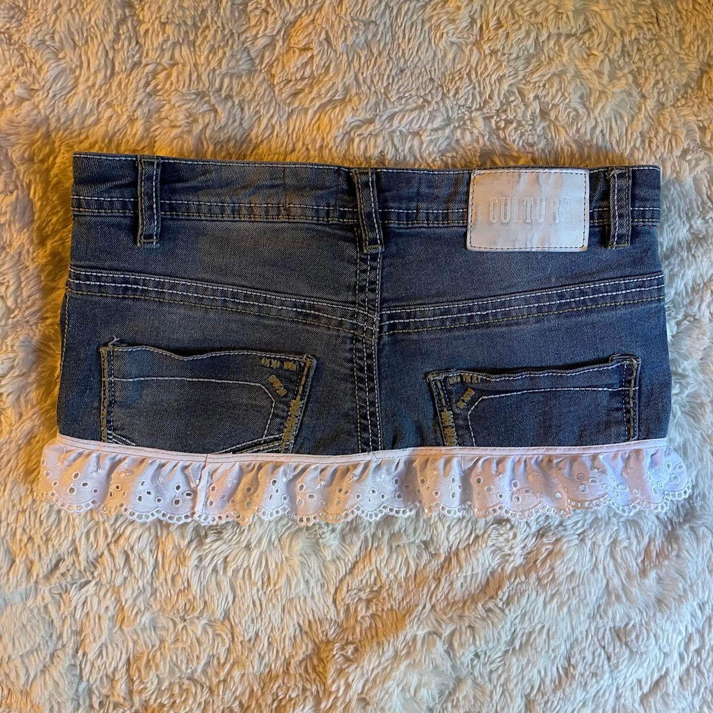 reworked OOAK 2000s coquette milkmaid princess denim micro mini skirt with ruffles & ribbons ୨୧