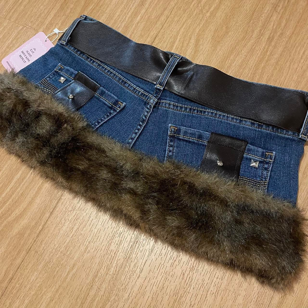 ୨୧ OOAK 2000s Grunge Princess Upcycled Micro Mini Faux Fur Trim Skirt - SIZE M